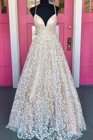 V Neck Open Back Champagne Lace Long Prom Dress, Champagne Lace Formal Graduation Evening Dress A1513