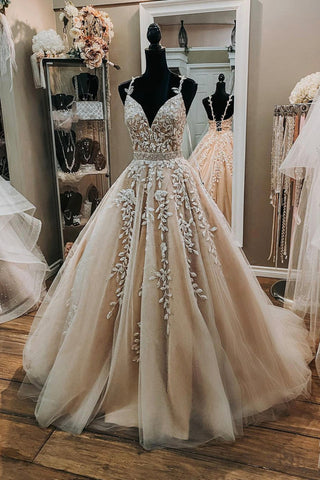 V Neck Open Back Champagne Tulle Lace Long Prom Dress with Belt, Champagne Lace Formal Evening Dress, Champagne Ball Gown A1432