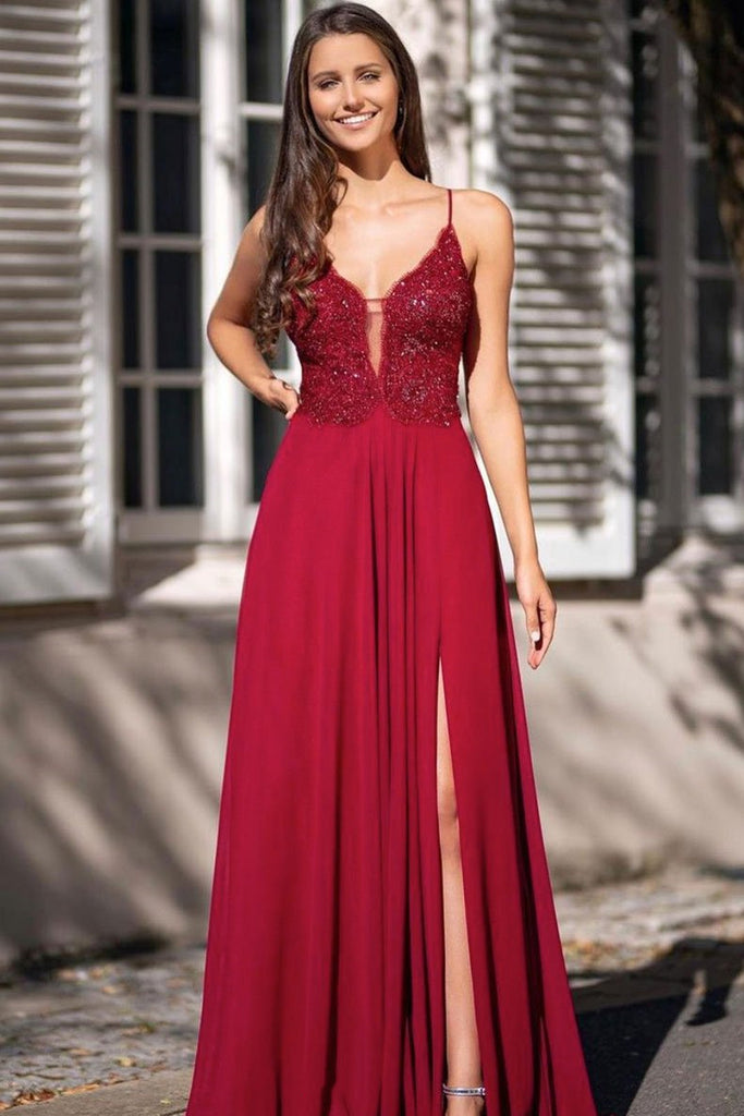 V Neck Open Back Chiffon Burgundy Lace Long Prom Dress with Slit, Burg abcprom V Neck Open Back Chiffon Burgundy Lace Long Prom Dress with Slit, Burg abcprom