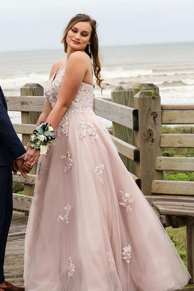 V Neck Open Back Dusty Pink Lace Long Prom Dress, Dusty Pink Lace Formal Evening Dress