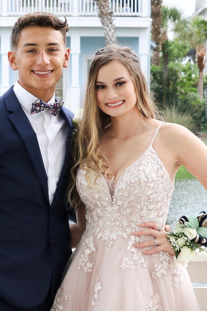 V Neck Open Back Dusty Pink Lace Long Prom Dress, Dusty Pink Lace Formal Evening Dress