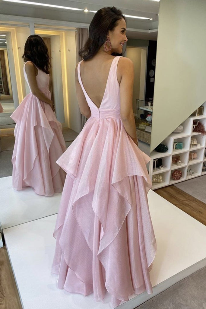 V Neck Open Back Fluffy Pink Long Prom Dress, Open Back Pink Formal Ev abcprom V Neck Open Back Fluffy Pink Long Prom Dress, Open Back Pink Formal Ev abcprom