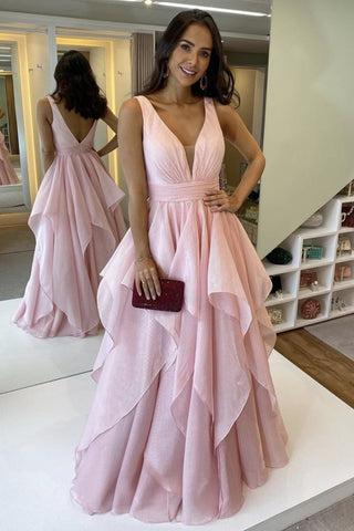V Neck Open Back Fluffy Pink Long Prom Dress, Open Back Pink Formal Evening Dress