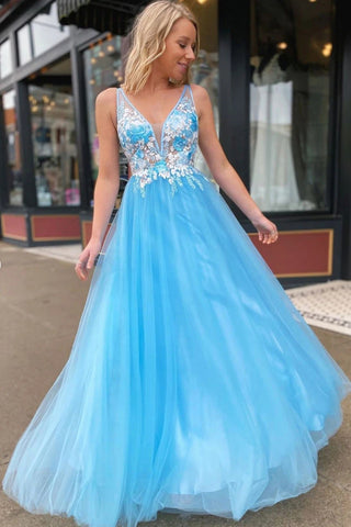 V Neck Open Back Lace Appliques Blue Long Prom Dress, Open Back Lace Floral Blue Formal Graduation Evening Dress