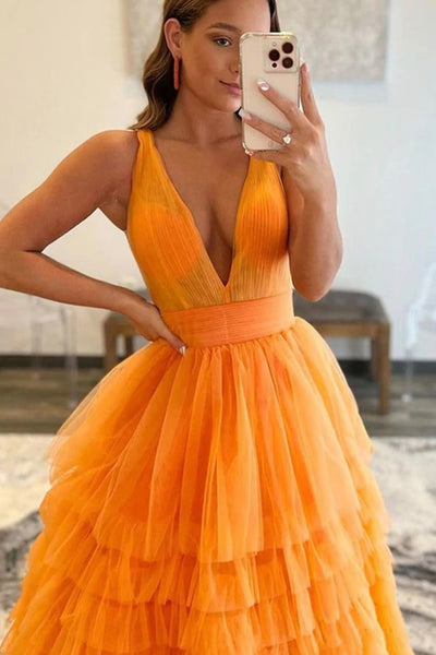 V Neck Open Back Layered Orange Tulle Long Prom Dress, Orange Tulle Formal Graduation Evening Dress A1575