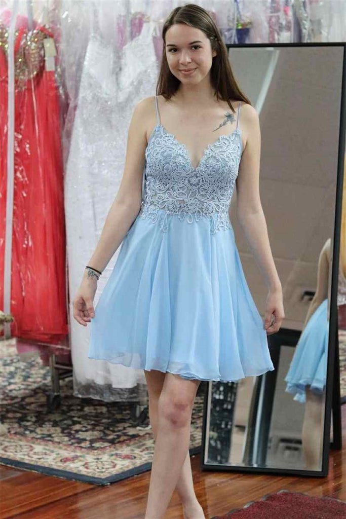 V Neck Open Back Light Blue Lace Short Prom Homecoming Dresses, Light abcprom V Neck Open Back Light Blue Lace Short Prom Homecoming Dresses, Light abcprom