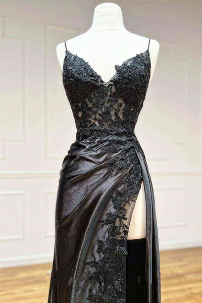V Neck Open Back Mermaid Black Lace Long Prom Dress with High Slit, Mermaid Black Formal Dress, Black Lace Evening Dress A1811