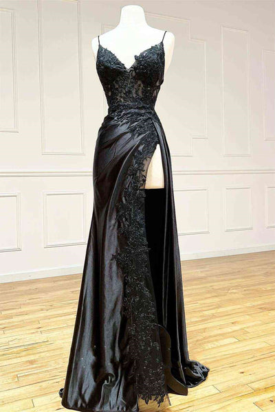 V Neck Open Back Mermaid Black Lace Long Prom Dress with High Slit, Mermaid Black Formal Dress, Black Lace Evening Dress A1811