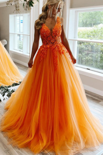 V Neck Open Back Orange Tulle Lace Long Prom Dress, Orange Lace Formal Graduation Evening Dress A1498