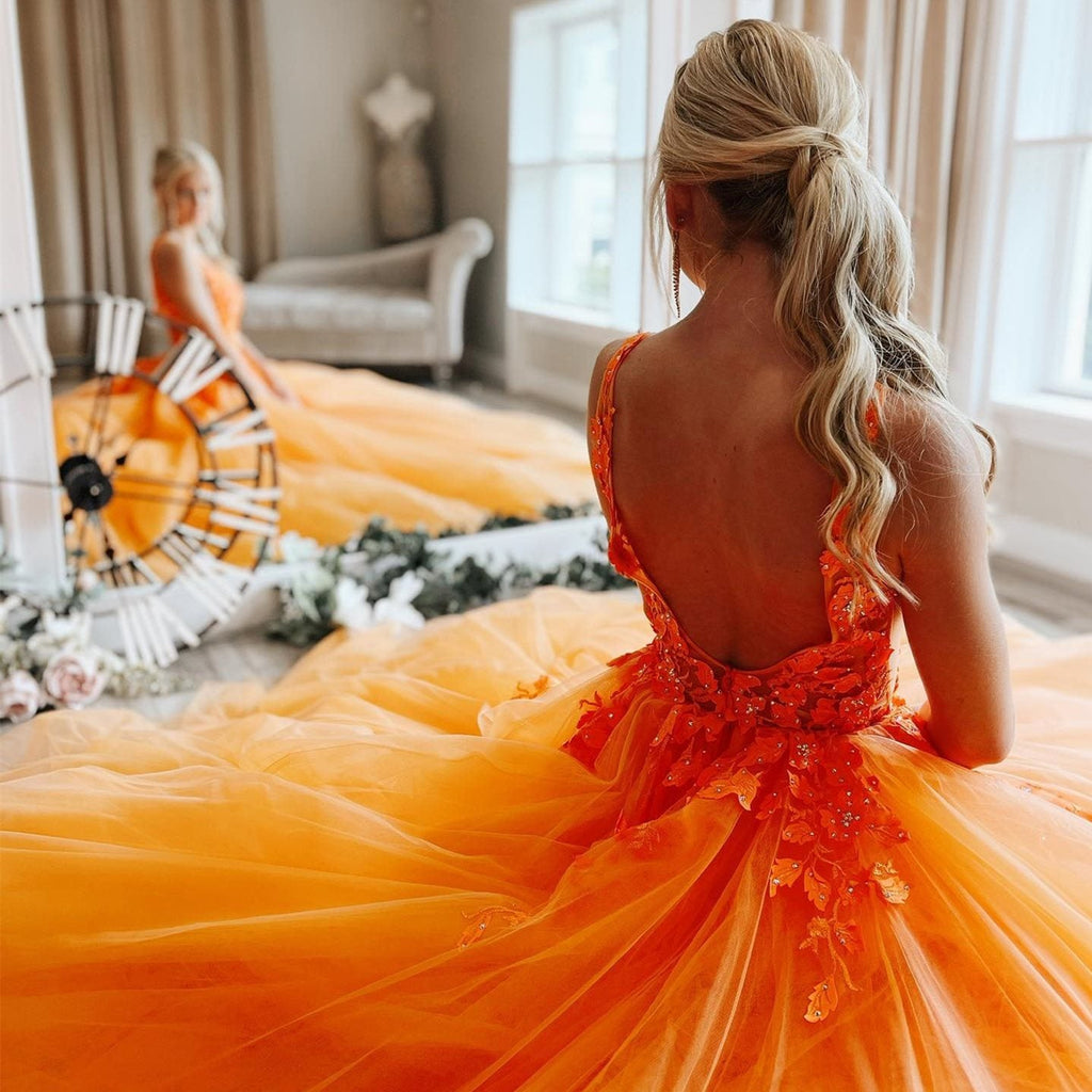 V Neck Open Back Orange Tulle Lace Long Prom Dress, Orange Lace Formal Graduation Evening Dress A1498 V Neck Open Back Orange Tulle Lace Long Prom Dress, Orange Lace Formal Graduation Evening Dress A1498