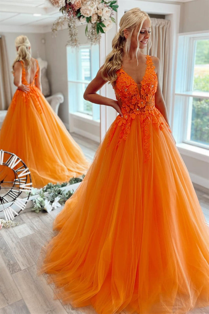 V Neck Open Back Orange Tulle Lace Long Prom Dress, Orange Lace Formal Graduation Evening Dress A1498 V Neck Open Back Orange Tulle Lace Long Prom Dress, Orange Lace Formal Graduation Evening Dress A1498