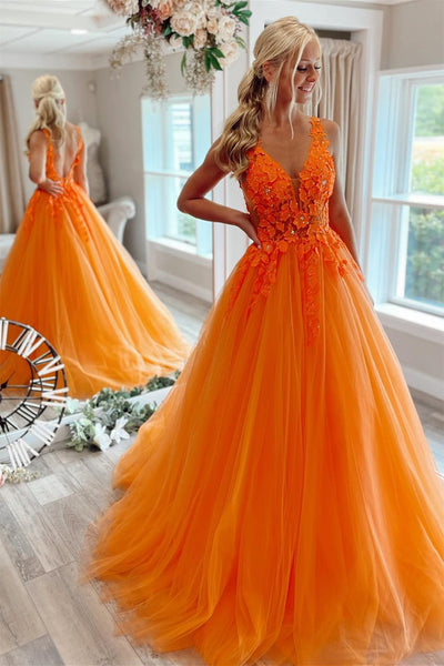 V Neck Open Back Orange Tulle Lace Long Prom Dress, Orange Lace Formal Graduation Evening Dress A1498