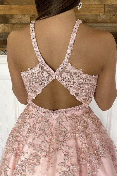 V Neck Open Back Pink Lace Long Prom Dress, Pink Lace Formal Dress, Pink Evening Dress