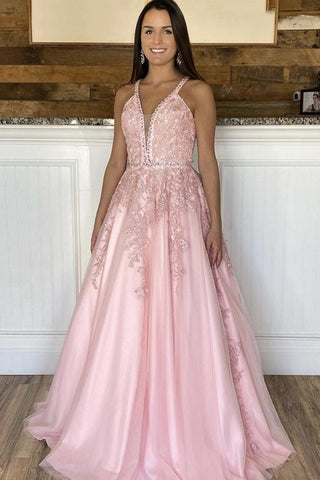 V Neck Open Back Pink Lace Long Prom Dress, Pink Lace Formal Dress, Pink Evening Dress