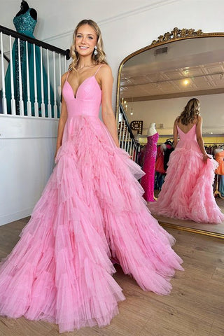V Neck Open Back Pink Tulle Long Prom Dress, V Neck Pink Formal Dress, Long Pink Evening Dress A1766