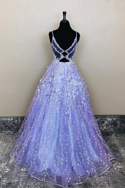 V Neck Open Back Purple Lace Floral Long Prom Dress, Purple Lace Floral Formal Evening Dress A1376