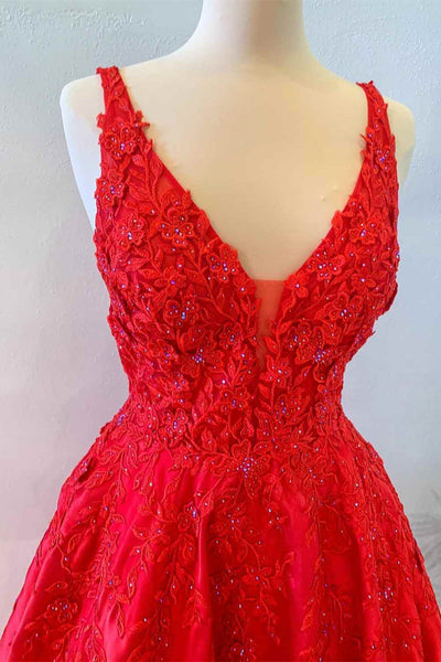 V Neck Open Back Red Lace Long Prom Dress, Red Lace Formal Dress, Bead