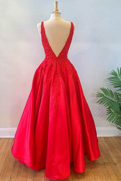 V Neck Open Back Red Lace Long Prom Dress, Red Lace Formal Dress, Beaded Red Evening Dress A1773