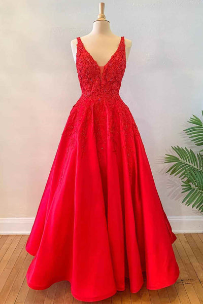 V Neck Open Back Red Lace Long Prom Dress, Red Lace Formal Dress, Beaded Red Evening Dress A1773