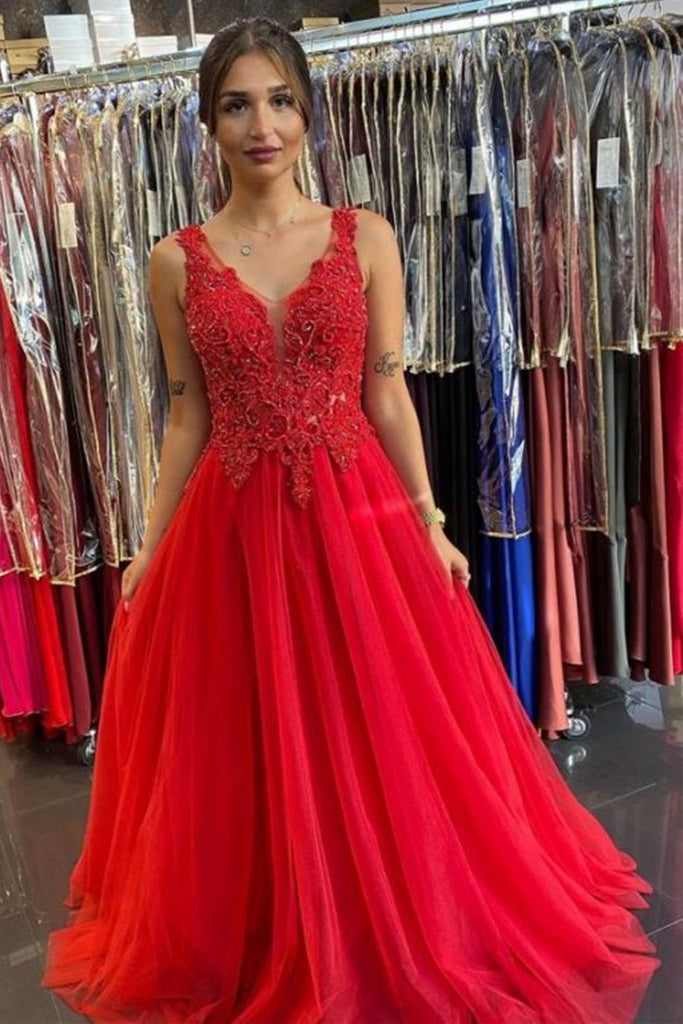 V Neck Open Back Red Lace Long Prom Dress, Red Lace Formal Dress, Red Evening Dress A1339