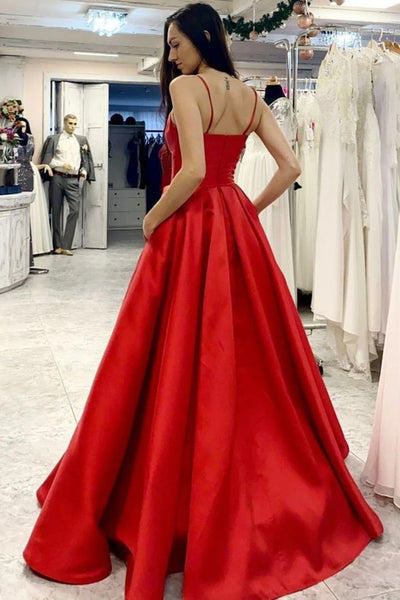 V Neck Open Back Red Satin Long Prom Dress, V Neck Red Formal Dress, Red Evening Dress A1454