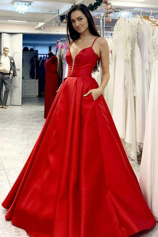 V Neck Open Back Red Satin Long Prom Dress, V Neck Red Formal Dress, Red Evening Dress A1454