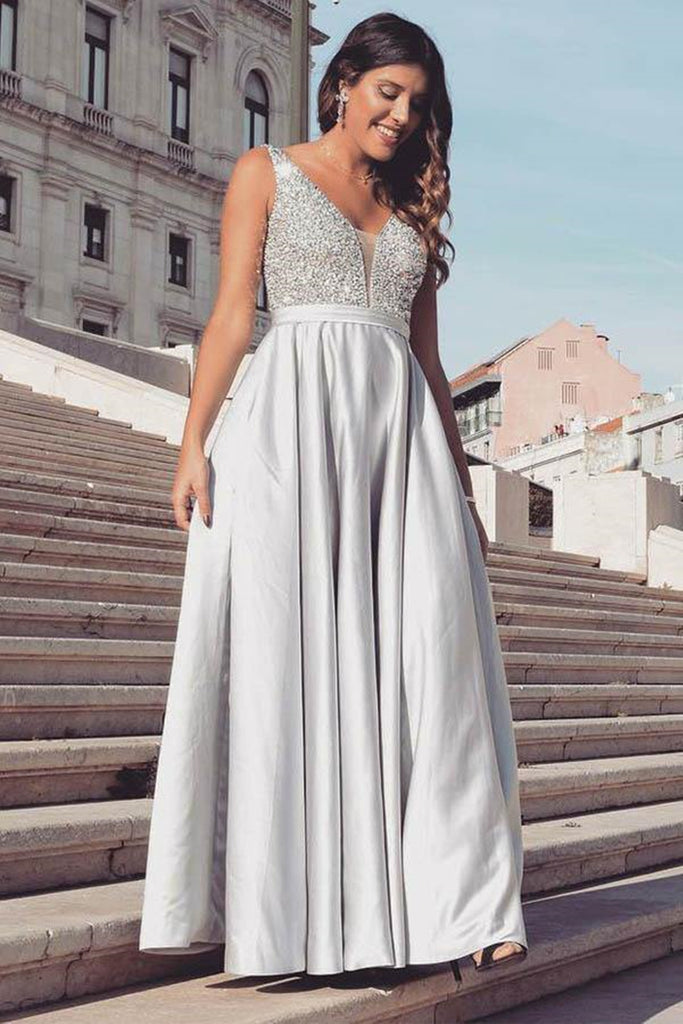 V Neck Open Back Silver Gray Sequins Long Prom Dress, V Neck Silver Gr abcprom V Neck Open Back Silver Gray Sequins Long Prom Dress, V Neck Silver Gr abcprom