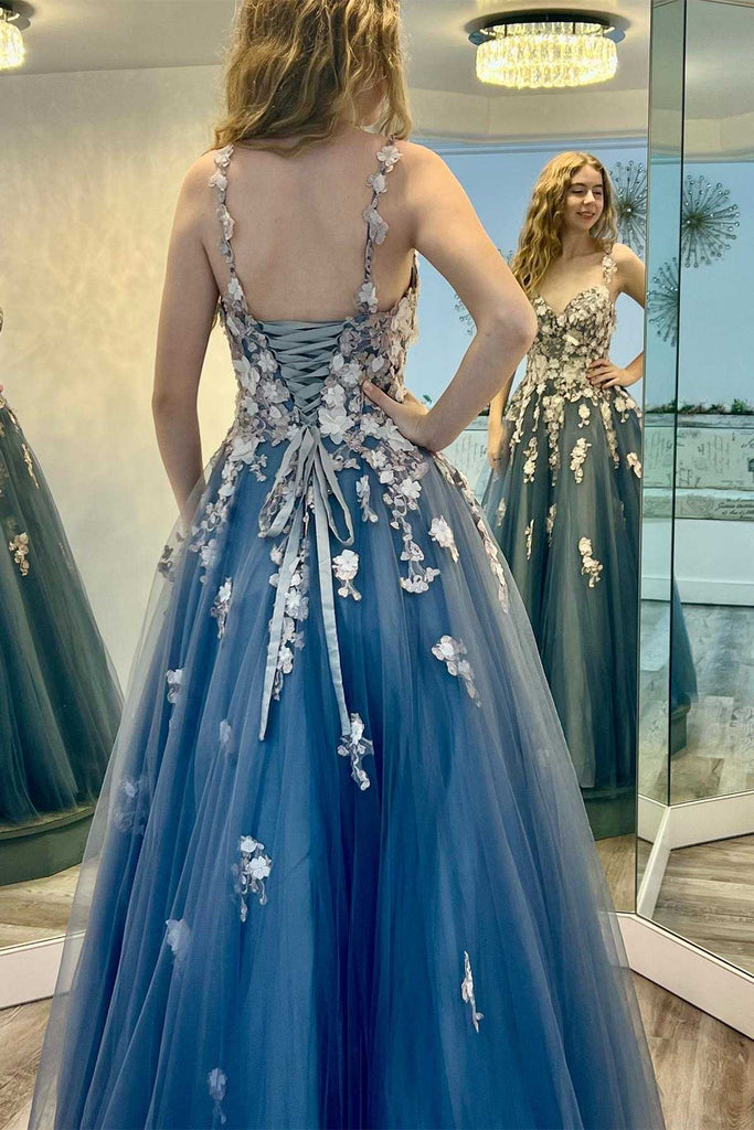 V Neck Open Back Smoke Blue Tulle Long Prom Dress with Appliques, Smoke Blue Floral Formal Evening Dress A1782
