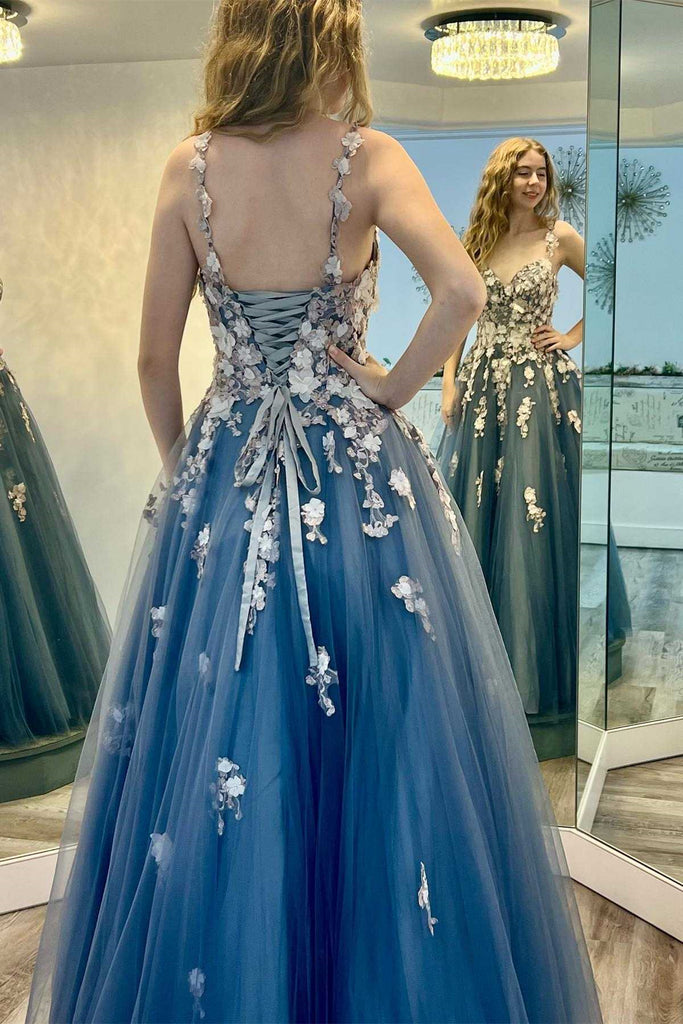 V Neck Open Back Smoke Blue Tulle Long Prom Dress with Appliques, Smok abcprom V Neck Open Back Smoke Blue Tulle Long Prom Dress with Appliques, Smok abcprom