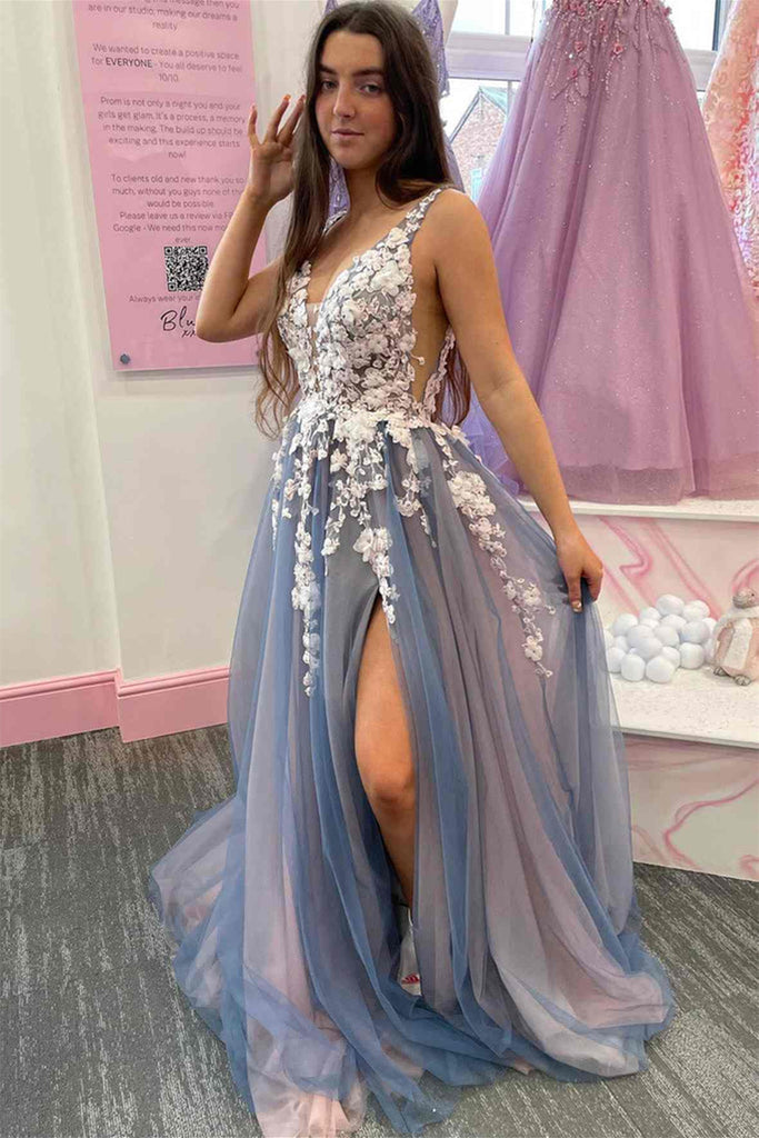V Neck Open Back Smoke Blue Tulle Long Prom Dress with Lace Flowers, Smoke Blue Tulle Formal Graduation Evening Dress with High Slit A1520 V Neck Open Back Smoke Blue Tulle Long Prom Dress with Lace Flowers, Smoke Blue Tulle Formal Graduation Evening Dress with High Slit A1520