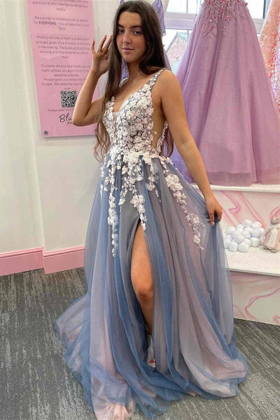V Neck Open Back Smoke Blue Tulle Long Prom Dress with Lace Flowers, Smoke Blue Tulle Formal Graduation Evening Dress with High Slit A1520