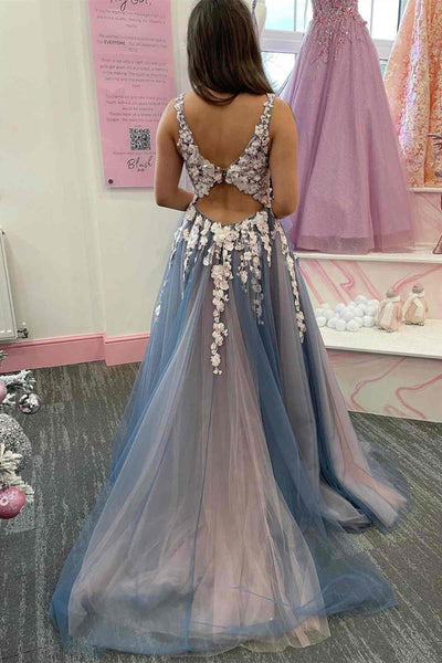 V Neck Open Back Smoke Blue Tulle Long Prom Dress with Lace Flowers, Smoke Blue Tulle Formal Graduation Evening Dress with High Slit A1520