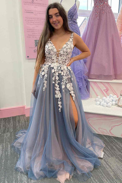 V Neck Open Back Smoke Blue Tulle Long Prom Dress with Lace Flowers, Smoke Blue Tulle Formal Graduation Evening Dress with High Slit A1520