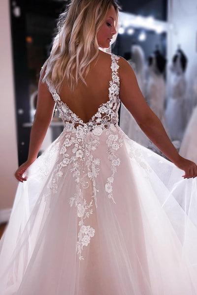 V Neck Open Back White Lace Appliques Long Prom Dress, White Lace Wedding Dress, White Tulle Formal Evening Dress A1541