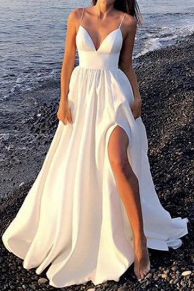 V Neck Open Back White Long Prom Dress with High Slit, V Neck White Formal Graduation Evening Dress A1683