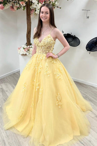 V Neck Open Back Yellow Tulle Lace Long Prom Dresses, V Neck Yellow Formal Dresses, Yellow Lace Evening Dresses A1384