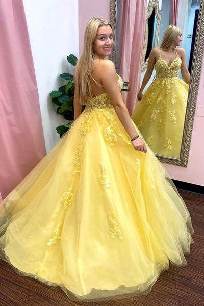 V Neck Open Back Yellow Tulle Lace Long Prom Dresses, V Neck Yellow Formal Dresses, Yellow Lace Evening Dresses A1384