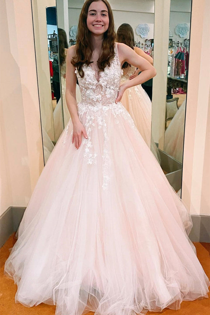 V Neck Pink Tulle Lace Applique Long Prom Dress Pink Lace Floral Form abcprom