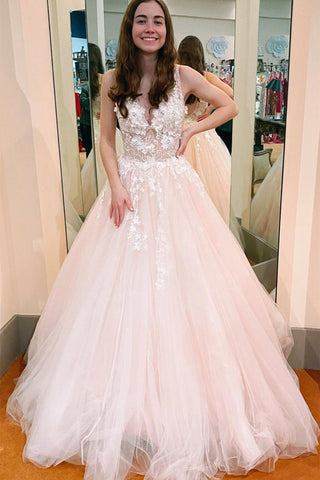 V Neck Pink Tulle Lace Applique Long Prom Dress, Pink Lace Floral Formal Dress, Pink Evening Dress A1532