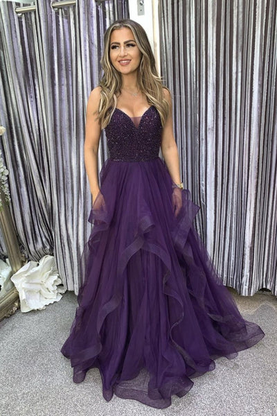 V Neck Purple Beaded Long Prom Dress, Fluffy Purple Formal Evening Dress with Beadings