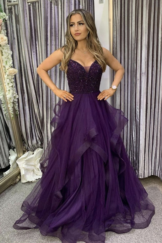V Neck Purple Beaded Long Prom Dress, Fluffy Purple Formal Evening Dre abcprom V Neck Purple Beaded Long Prom Dress, Fluffy Purple Formal Evening Dre abcprom