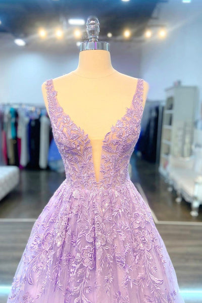 V Neck Purple Lace Long Prom Dress, Lilac Lace Formal Dress, Purple Evening Dress A1700