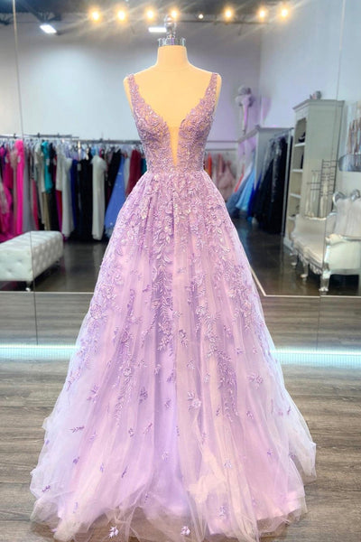 V Neck Purple Lace Long Prom Dress, Lilac Lace Formal Dress, Purple Ev ...