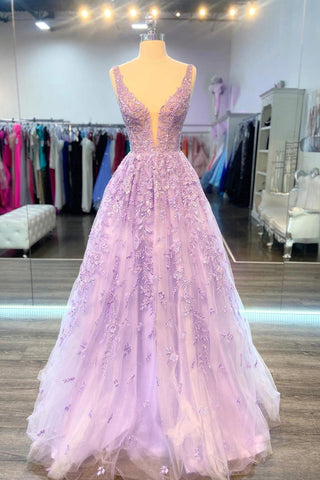 V Neck Purple Lace Long Prom Dress, Lilac Lace Formal Dress, Purple Evening Dress A1700
