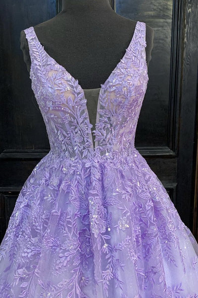 V Neck Purple Lace Long Prom Dress, Long Purple Lace Formal Dress, Lilac Lace Evening Dress