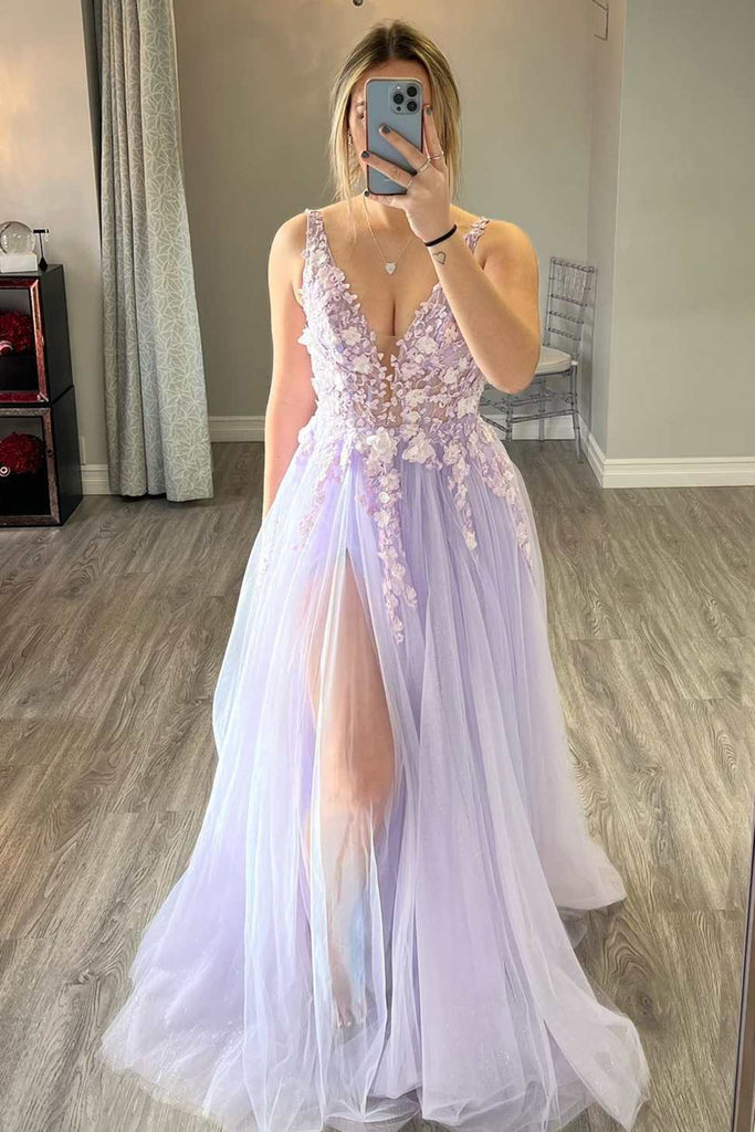 V Neck Purple Tulle Long Prom Dress with Lace Appliques, High Slit Lil abcprom V Neck Purple Tulle Long Prom Dress with Lace Appliques, High Slit Lil abcprom
