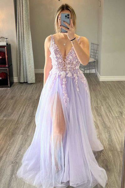 V Neck Purple Tulle Long Prom Dress with Lace Appliques, High Slit Lilac Lace Formal Graduation Evening Dress A1805