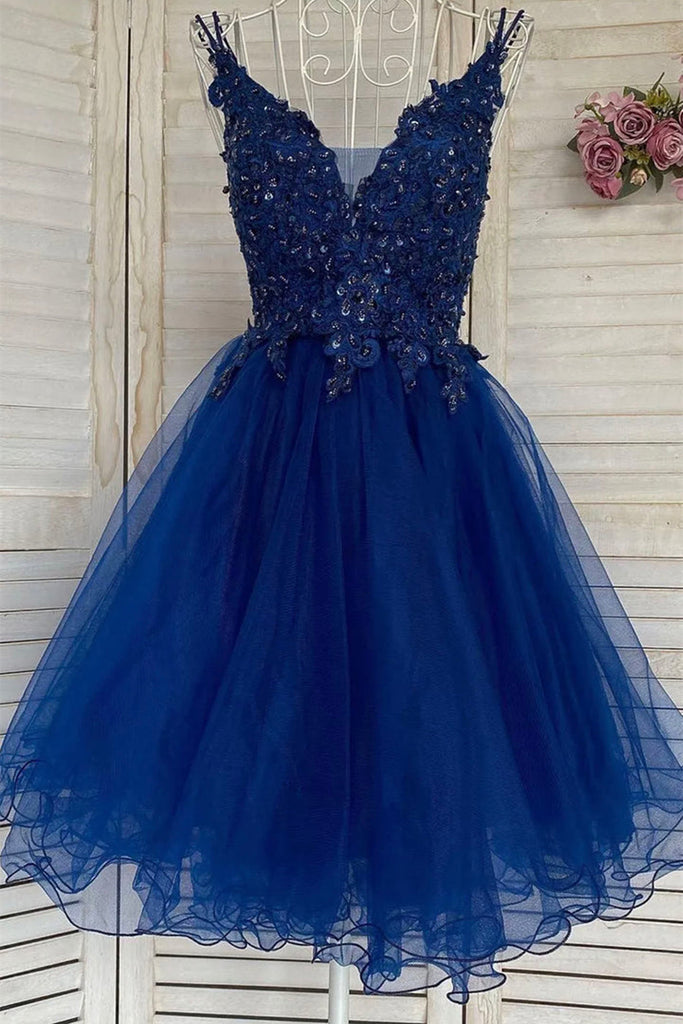 V Neck Short Blue Lace Prom Dress, Blue Lace Homecoming Dress, Short B abcprom V Neck Short Blue Lace Prom Dress, Blue Lace Homecoming Dress, Short B abcprom