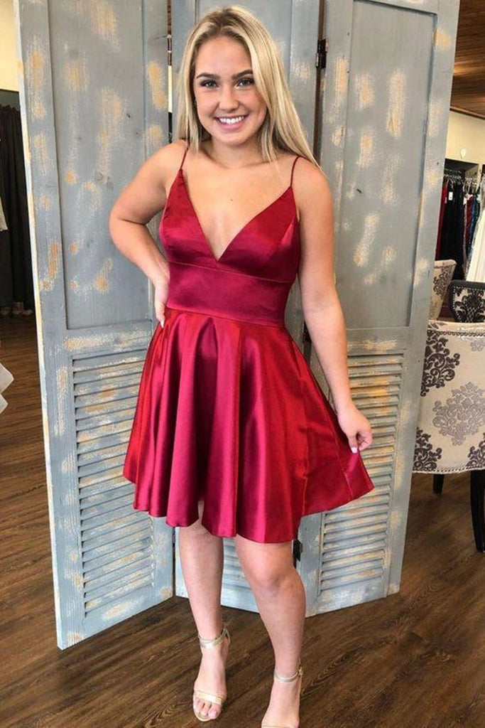 V Neck Short Burgundy Satin Prom Dress, V Neck Burgundy Homecoming Dre abcprom V Neck Short Burgundy Satin Prom Dress, V Neck Burgundy Homecoming Dre abcprom
