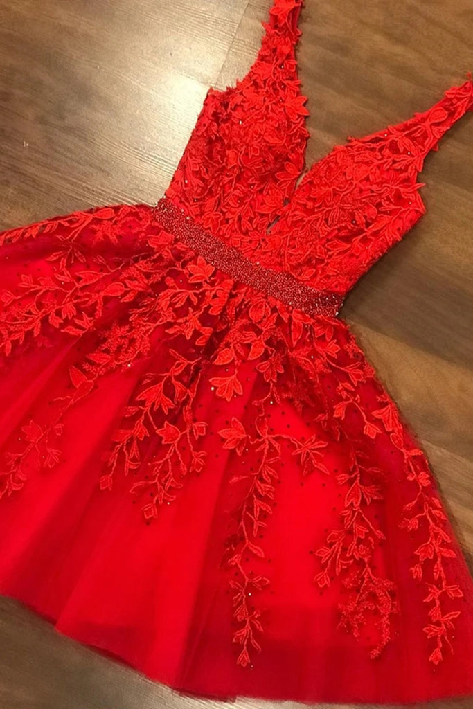 Short red top lace prom dress